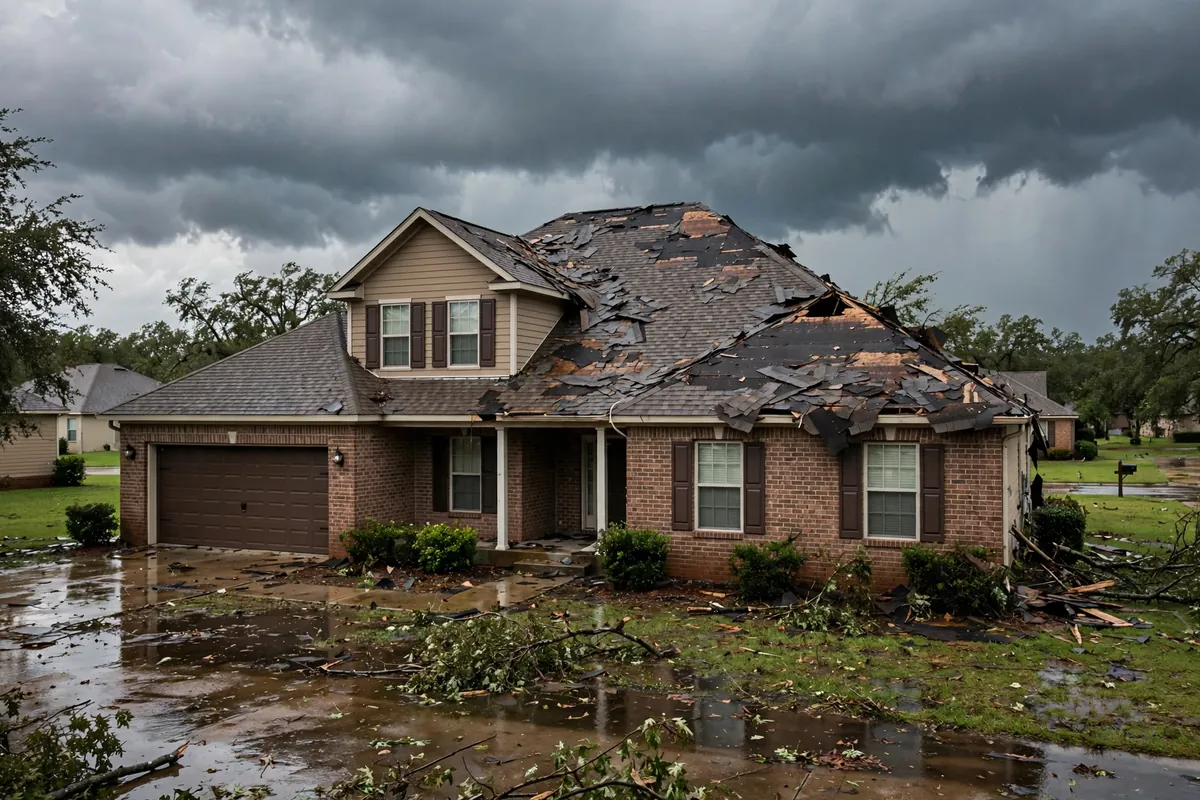 Texas home with storm-damaged shingle roof after a severe thunderstorm, needing storm damage cleanup in McKinney